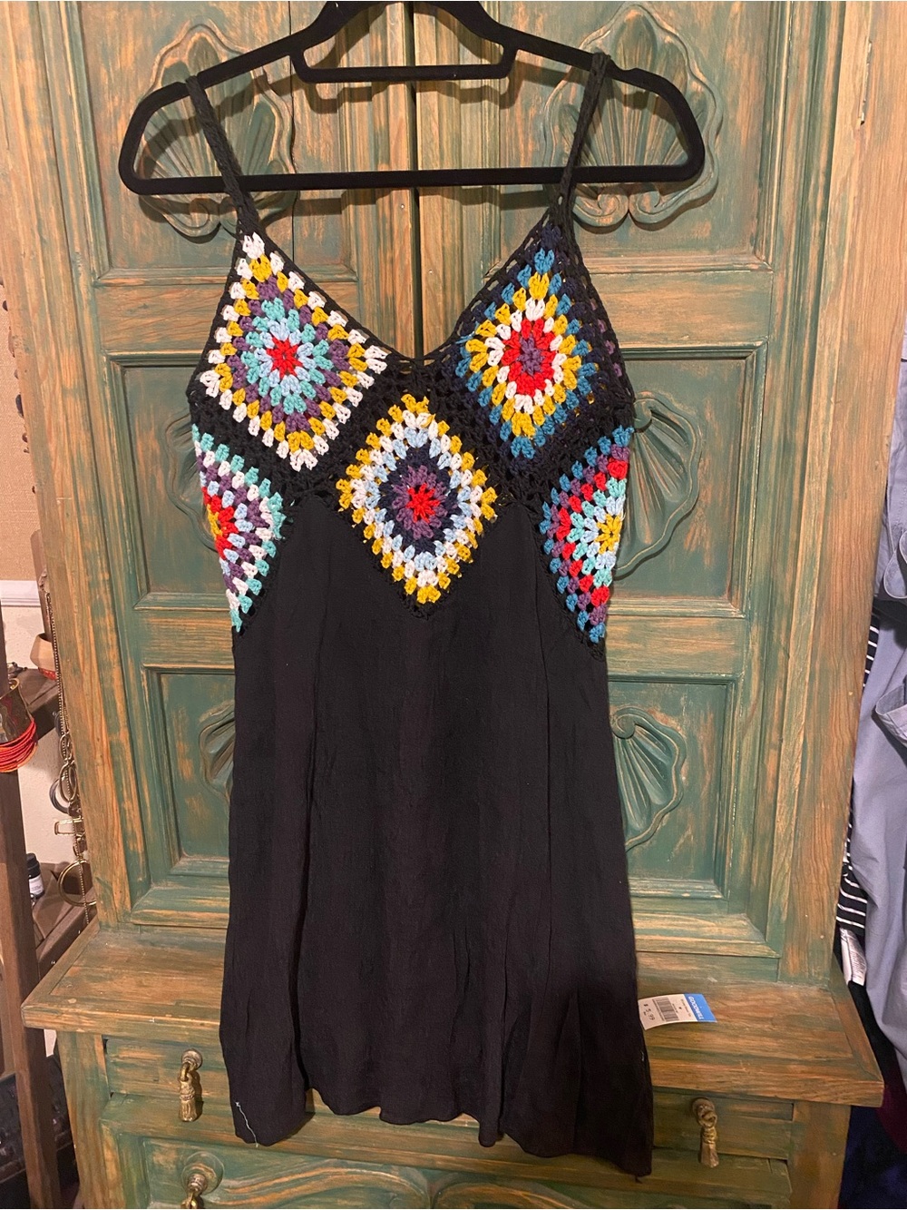 Black Mini Dress with Colorful Crochet Accents